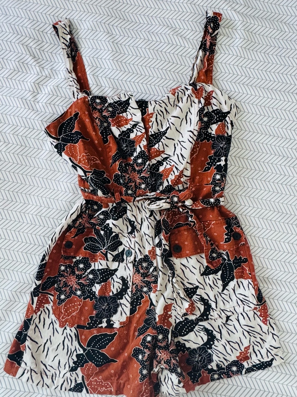Rust & Cream Floral Tie-Waist Romper